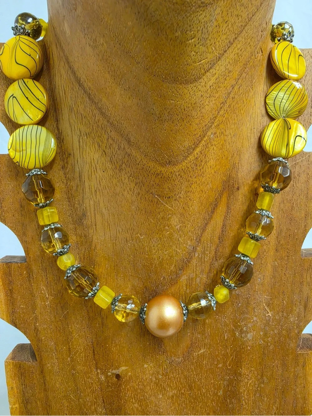 Handmade Yellow Beaded Necklace Amber Glass Pearl Look Statement Jewelry New